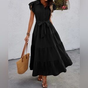 Casual Dress 2024 Cap Ruffle Sleeve V Neck Button Belted Tiered Boho Dress